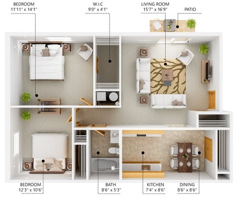 Floor plan for 2 beds, 1 bath, 875 sqft